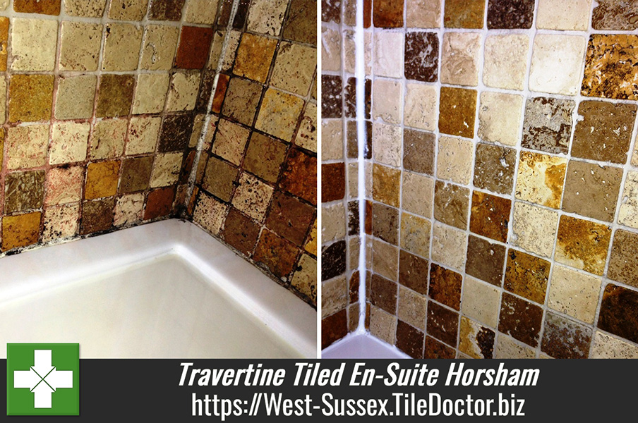 Travertine Tiled en-suite maintained in Horsham
